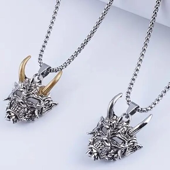 Necklace Demon Devil Mask Pendant Stainless Heavy Chain Goth Punk Edgy Rock - Picture 2 of 6